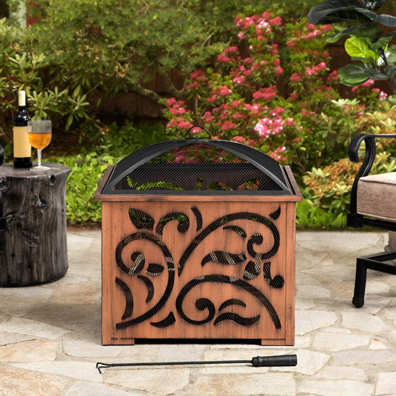 Pontius 26 Inch Fire Pit for Outside, Outdoor Wood Burning Fire Pit with Steel Mesh Spark Screen and Fire Poker, Large Bonfire for Patio and Backyard