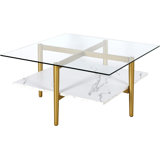 32" Wide Square Coffee Table With Faux Marble Shelf In Brass