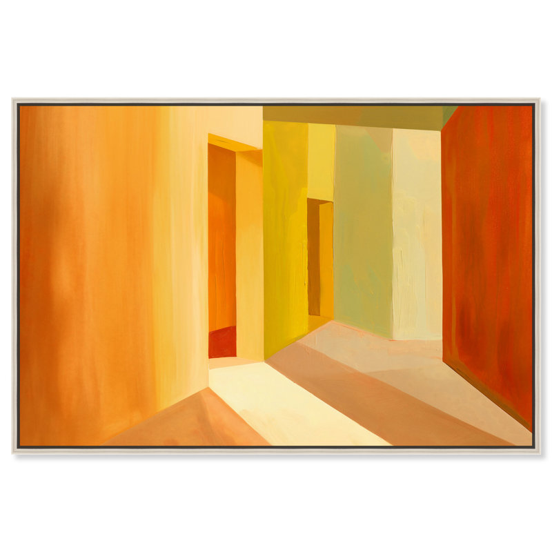 Art mural moderne géométrique moderne à blocs de couleur orange par Art Remedy, Encadrement argenté, H 11 po x l 16 po