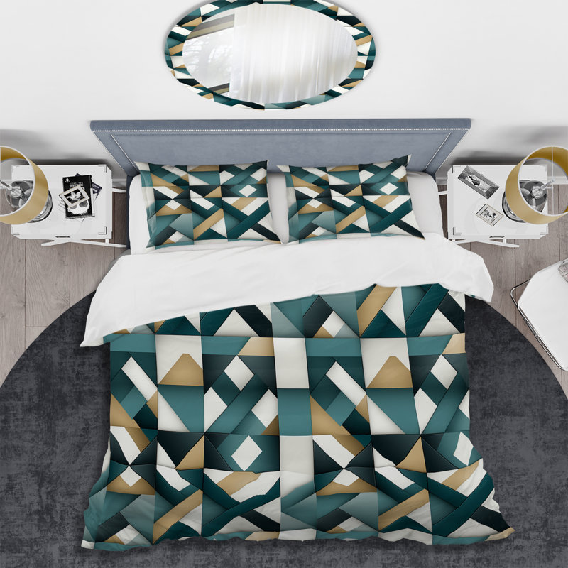 Ensemble de housse de couette géométrique bleu sarcelle et doré I, Housse de couette pour très grand lit et 2 très