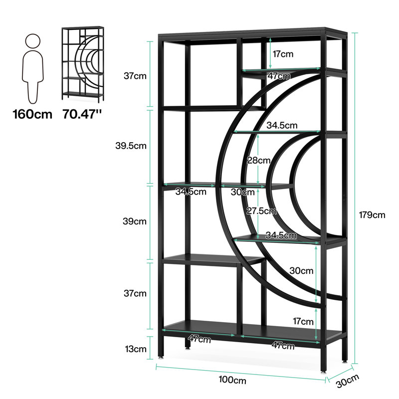 Alvine 179cm H x 99.9cm W Metal Geometric Bookcase, Black