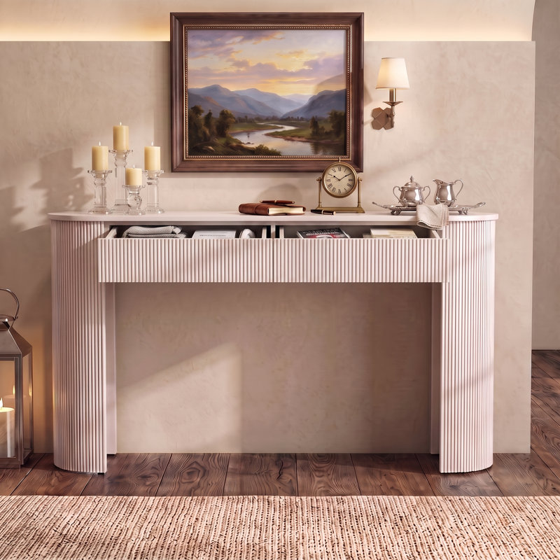 Table de hall d'entrée cannelée blanc champagne, console de rangement ovale avec 2 tiroirs pour le couloir