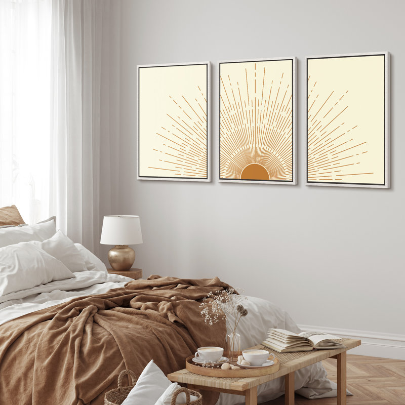 "Bright Orange Boho Sun Burst Artwork, Mid-Century Modern Organic Minimalist Wall Walls", reproduction d'art numérique sur toile encadrée, 3 pièces