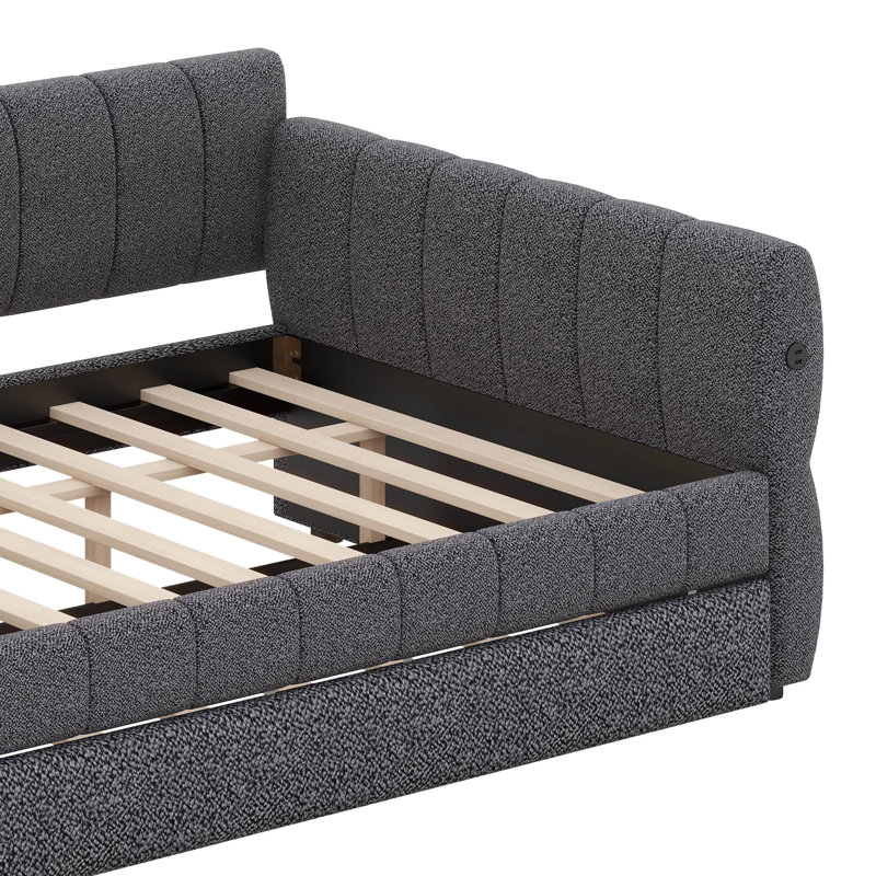 Grand lit plateforme tapissier avec lit gigogne, gris