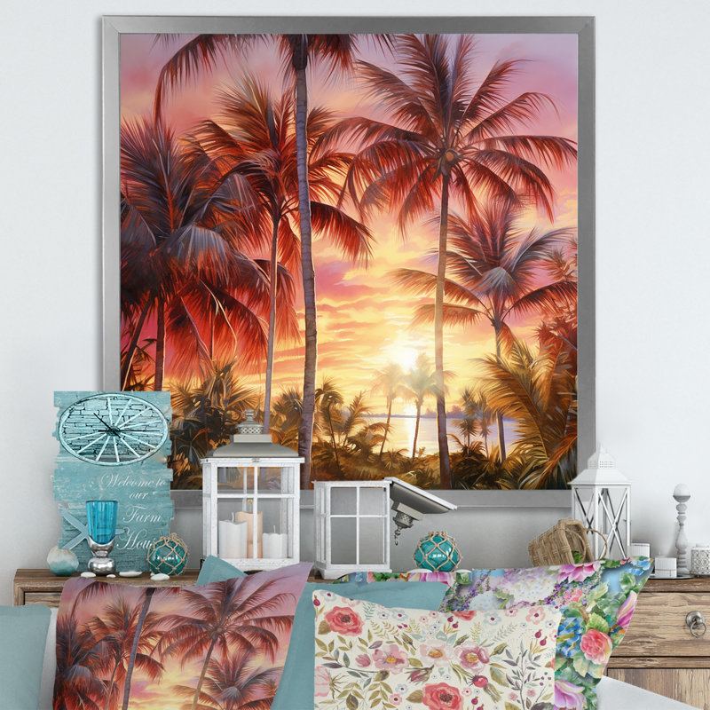 Rose radiance coucher de soleil palmiers IV, H 30 po x l 30 po x P 1 po, Cadre simple argenté