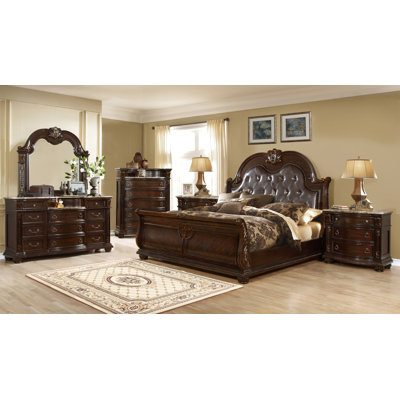 Ensemble de chambre à coucher 5 pièces de style traditionnel (comprend: lit, table de chevet, commode, commode et miroir) en bois de noyer foncé