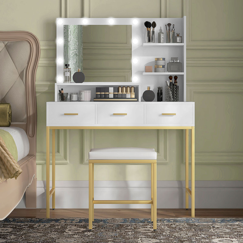Vanity Table, Makeup Table with LED Mirror and Storage, White