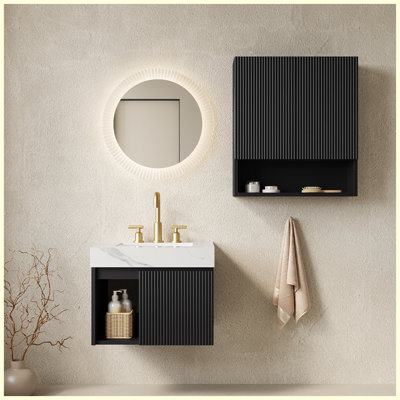 Meuble-lavabo suspendu de 24 po + TOBI de 26 po avec lavabo, dessus en pierre frittée blanche de Carrare et lavabo en céramique, noir, 3 trous prépercés pour robinetterie