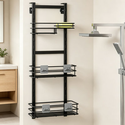 Over The Door Shower Caddy, Adjustable 3-Tier Black Bathroom Hanging Organizer Shelf With 4 Hooks, Rustproof Shower Basket With Soap Holder And Suction Cup