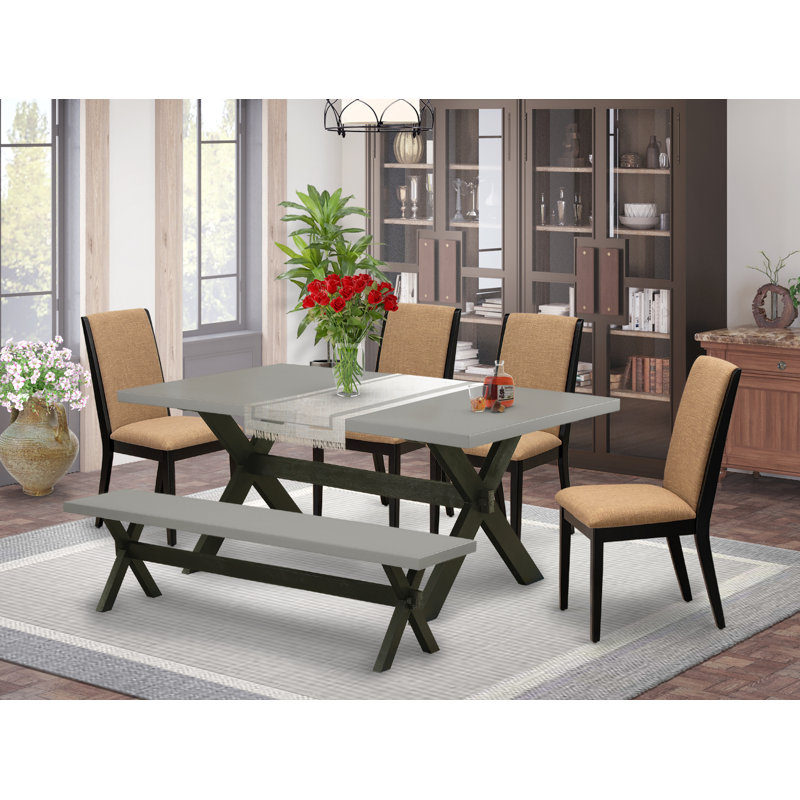 L'ensemble de table de salle à manger 6 pièces contient une table de salle à manger rectangulaire et 4 chaises Parson en tissu de sable clair avec banc, noir brossé