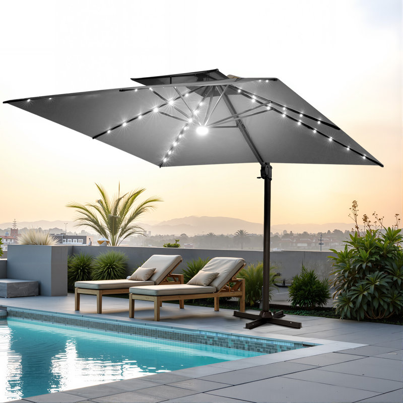 128' X 128' Square Outdoor Solar Led Cantilever Patio Umbrella without Weighted Base, Dark Grey