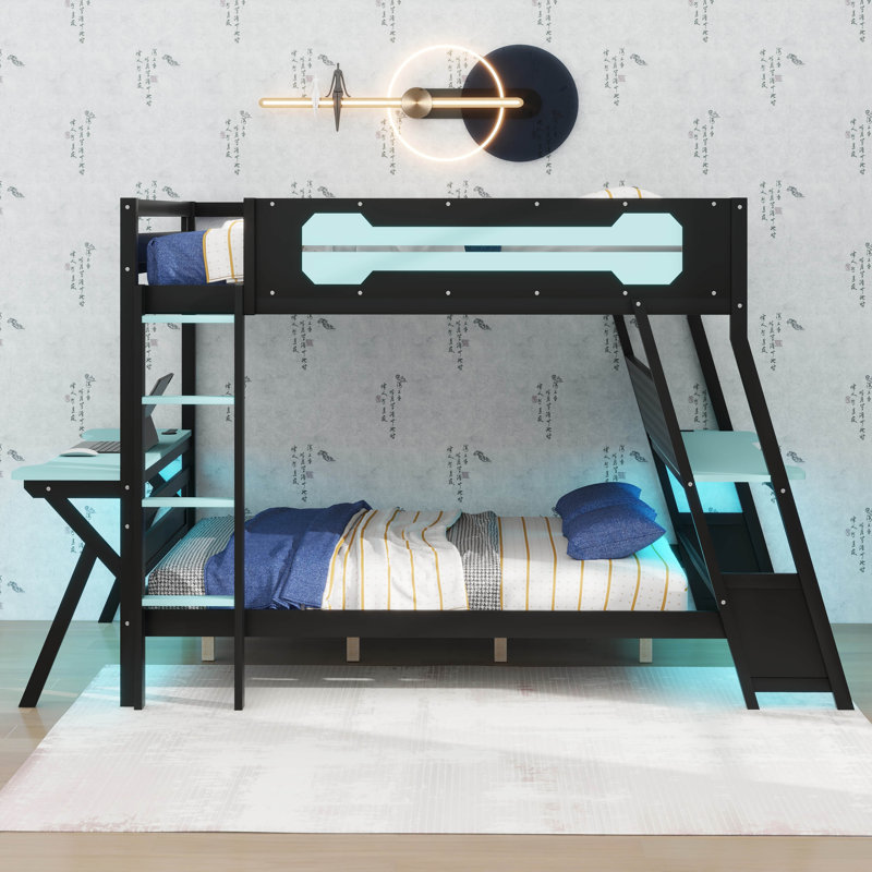 Lit superposé de jeu avec 2 bureaux intégrés, ports de bureau USB et organisateur de panneau perforé, Double, Bleu nuage