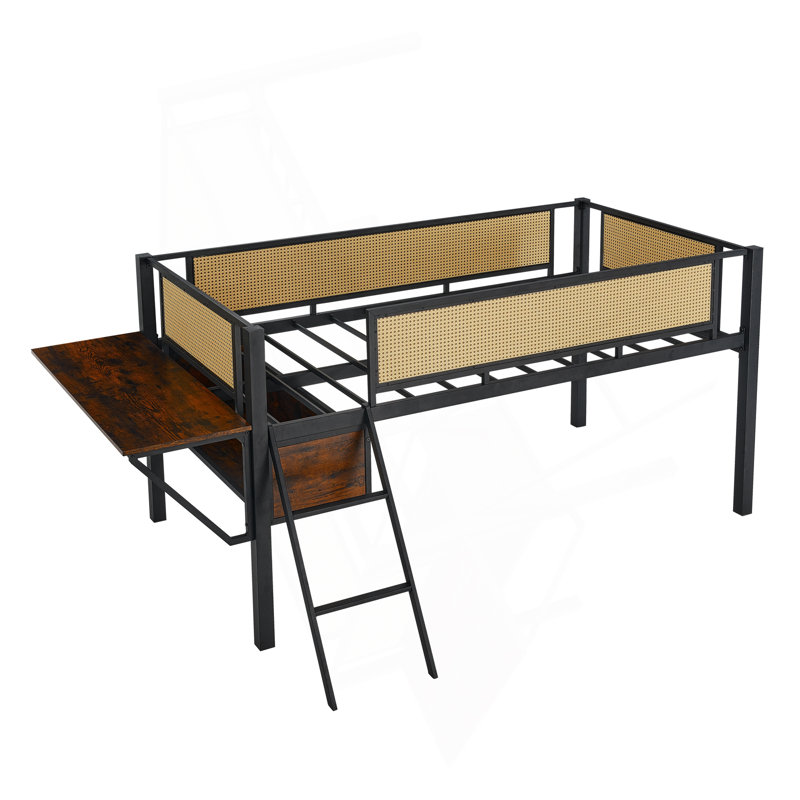 Lit mezzanine polyvalent en métal avec bureau intégré, lumières DEL et options de rangement abondantes