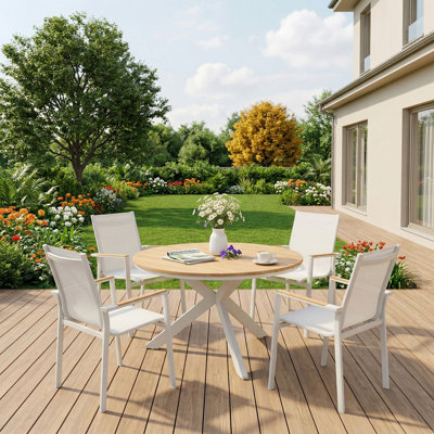 Enduro 47 Inch Round 4-Person Outdoor Dining Set, Teak Table Top and Armrest, All Weather Patio Furniture