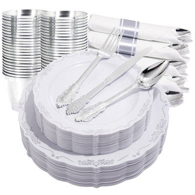  WELLIFE 175 Pcs White and Silver Plastic Dinnerware Set - 25 Dinner & Dessert Plates, 25 Per Rolled Napkins with Cutlery, 25 Cups