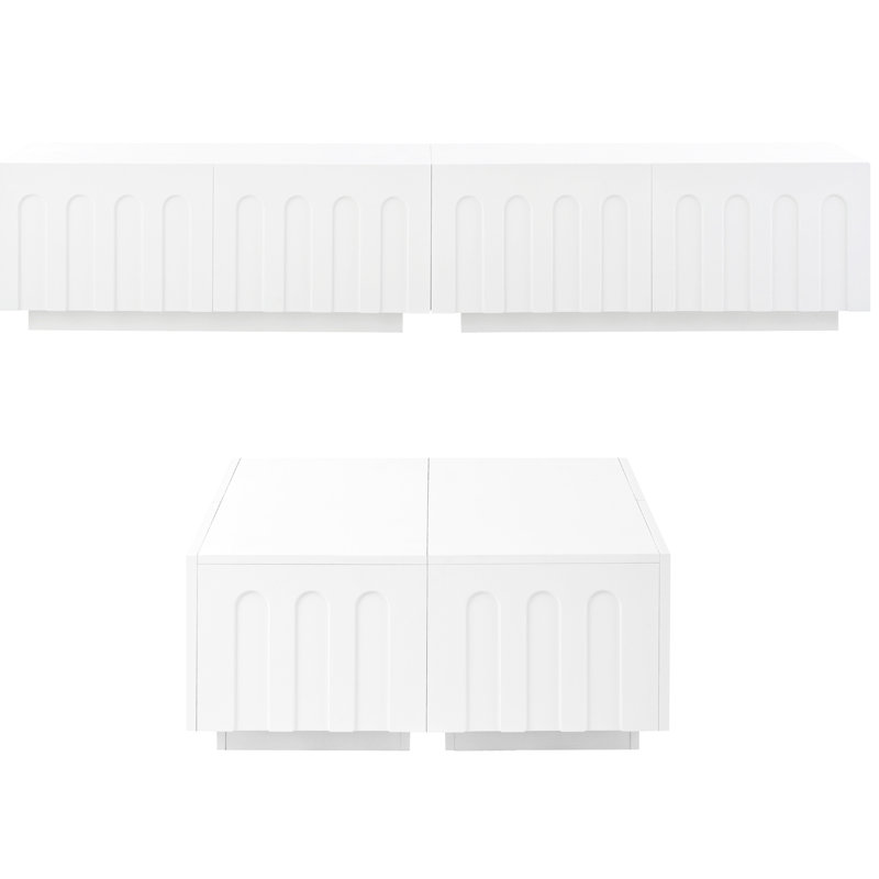 Ensemble de meuble télé blanc et table basse, la conception arquée apporte une touche de sophistication, combinable pour de multiples utilisations, un grand rangement caché dans 8 tiroirs, une télévision idéale jusqu'à 80 po, une conception élégante