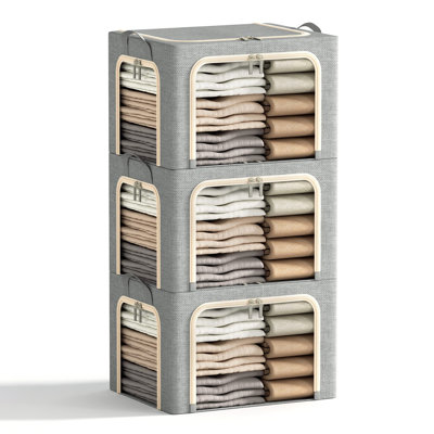 3 Openings Fabric Storage Box with Metal Frame Foldable Lid Design Clear Window Zipper Durable Handles