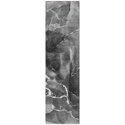 8' Runner Black Gray and White Abstract Washable Non Skid Indoor Outdoor Runner Rug
