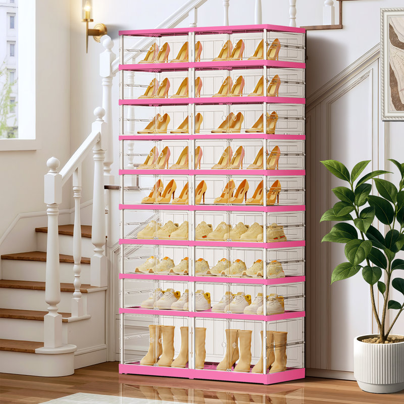 9-Tier 18-36 Pairs Plastic Stackable Shoe Storage Cabinet For Entryway Easy Assembly, White/Pink