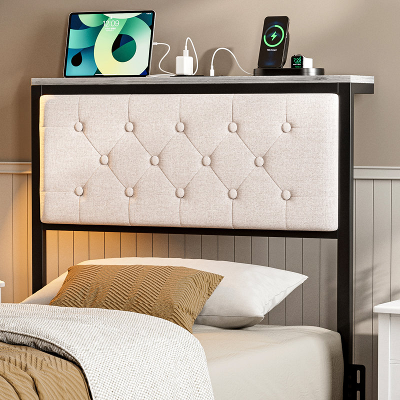 Headboard With Storage And Charging Station, Upholstered Storage Headboard Only With Bed Frame Brackets Adapter, Button Tufted Design, Easy Assembly