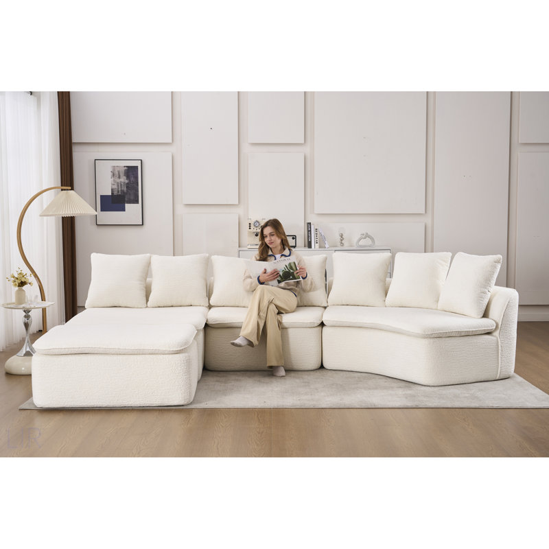 Canapé modulaire en forme de U de 133 po avec fauteuil inclinable amovible, chenille grain de bois blanc, conception désossée, configuration flexible pour les grands salons et les chambres à coucher