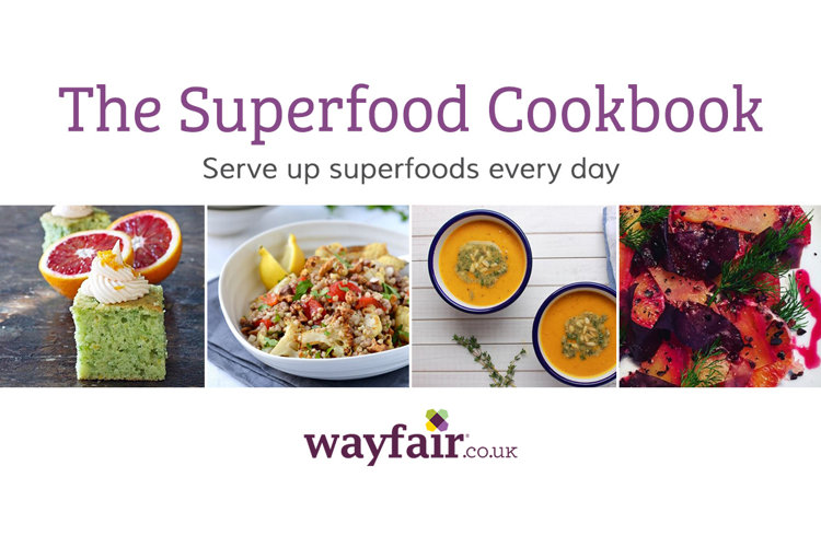The Superfood Cookbook from Wayfair, image collage showing matcha cake, quinoa salad, sweet potato soup.