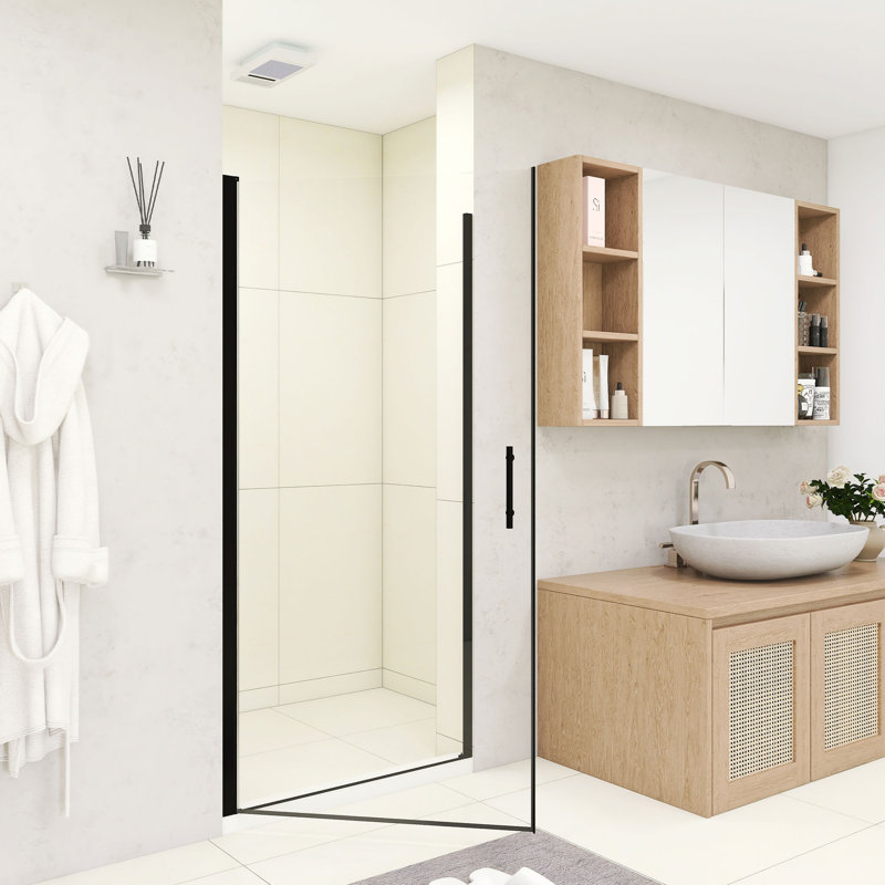 30" W × 72" H Pivot Shower Door – 1/4"(6Mm) Tempered Glass With Explosion-Proof Film, Stainless Steel Handle, Matte Black Aluminum Half Frame, Modern Minimalist Design