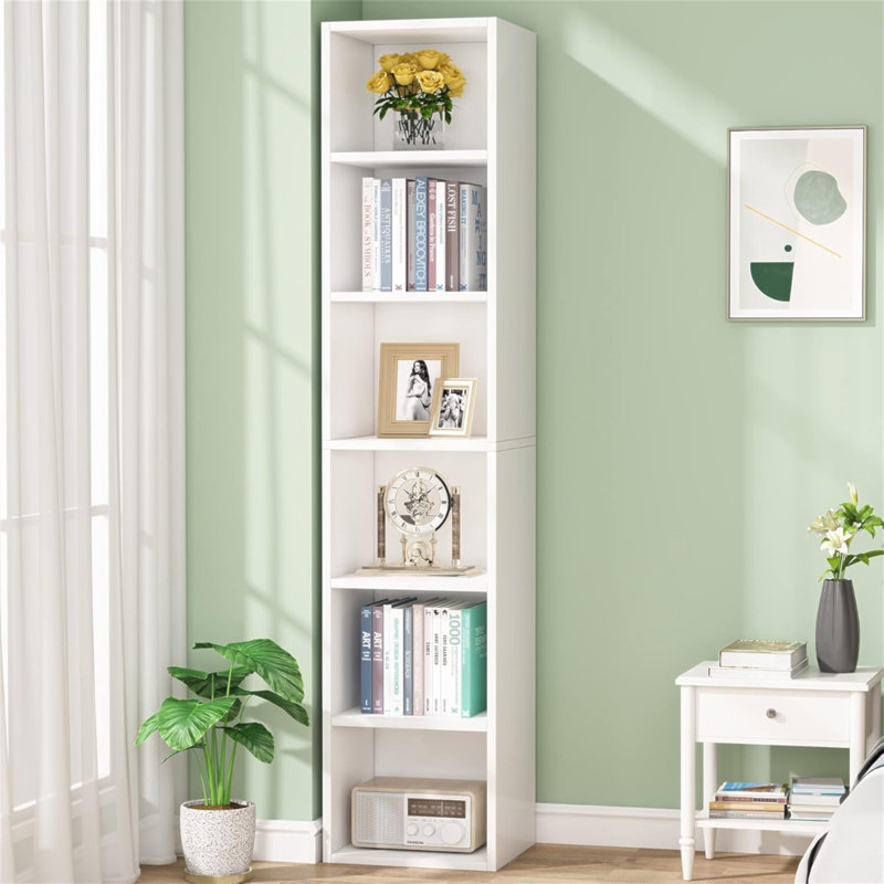 Bibliothèque à coins étroits 70,9 "à 6 niveaux pour salon, bureau, chambre à coucher, White