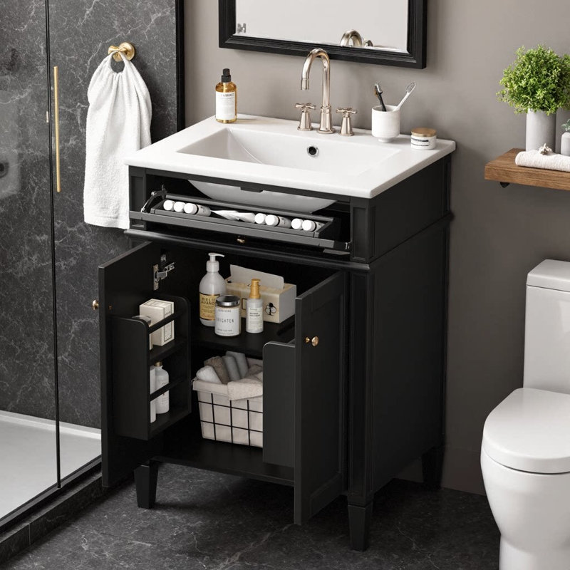 Meuble-lavabo moderne de 24 po avec lavabo en céramique - 2 portes à fermeture en douceur avec organisateurs et tiroir basculant, tablette réglable, armoire de rangement compacte pour petites salles de bain