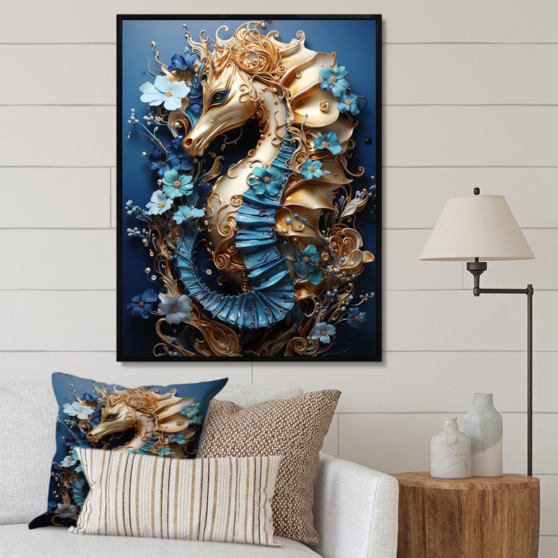 «Sapphire Seahorse Delicate Drips I», reproduction sur toile, H 44 po x l 34 po x P 1,5 po, Cadre flottant noir
