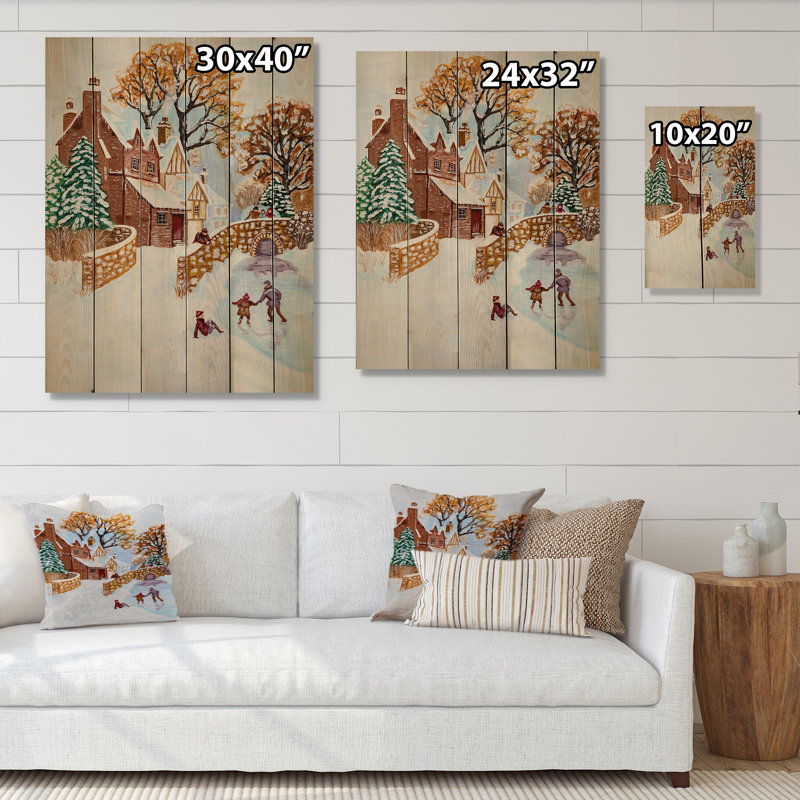 Enfants jouant pendant l'hiver de Noël - peinture sur bois sans cadre, H 40 po x l 30 po x P 1 po
