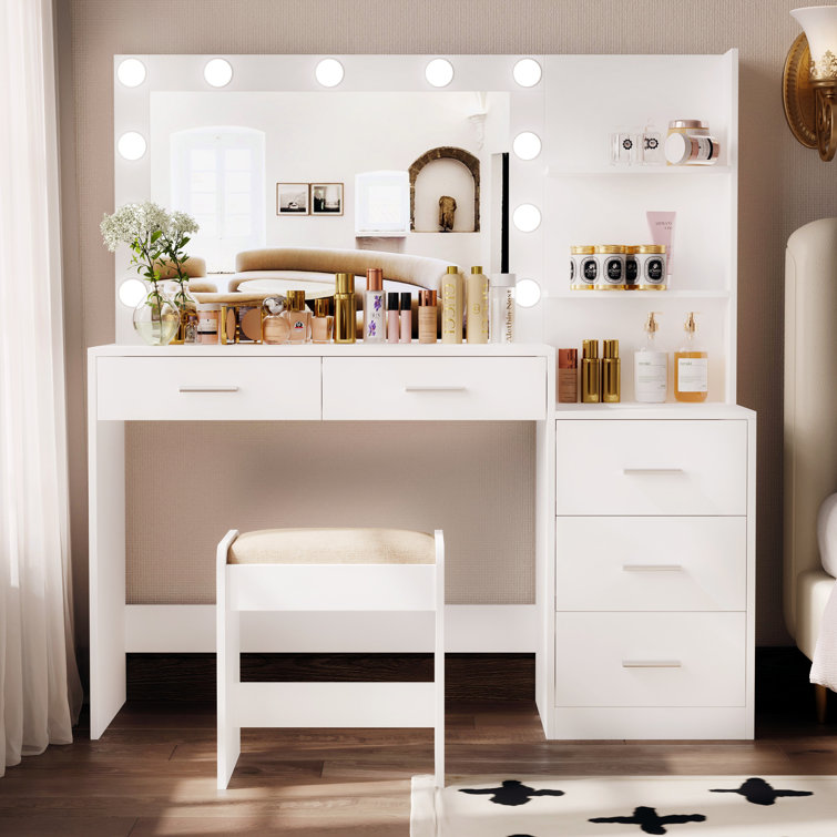 46.7 Makeup Vanity Table with Mirror, Vanity Desk with 5 Drawer, Bedroom Dressing Table, White Latitude Run