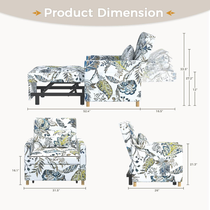 Chaise convertible rembourrée Maleah, Coton floral blanc / vert