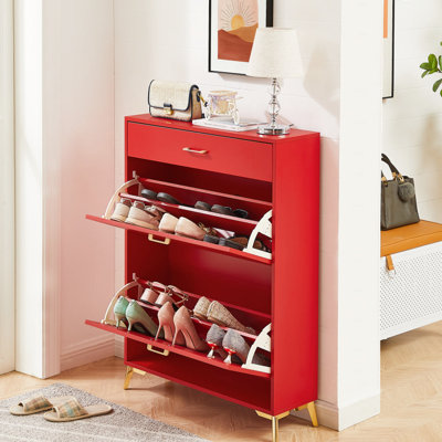Shoe Storage Cabinet For Entryway - 2 Flip Drawers, Hidden Rack, Red, Space, Red Hallway Closet Space Saving,