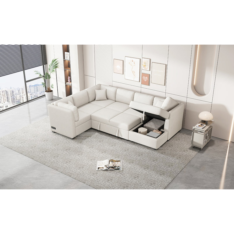 Canapé modulaire 108,6 po beige avec lit, rangement et prise électrique, 5 ports de charge en forme de U, Chenille beige