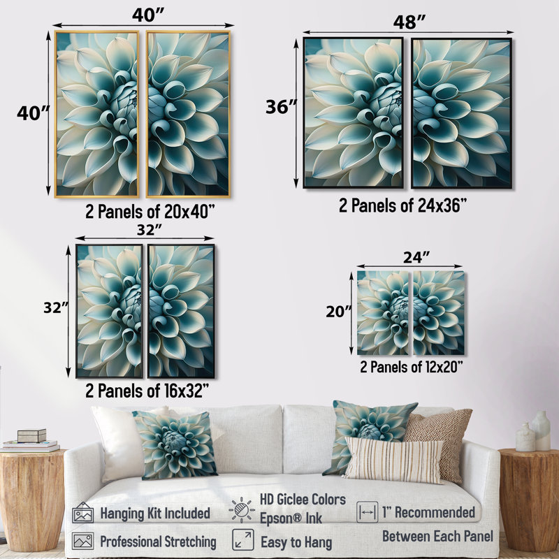Bleu, blanc, fleurs de dahlia I - grand art mural dahlia 2 pièces, 40'' H x 40'' W, Impression encadrée flottante, Black
