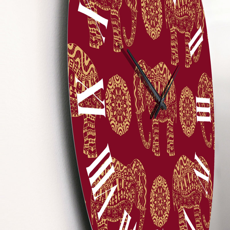 Horloge murale à motif éléphant indien et mandala sur fond rouge, Grand