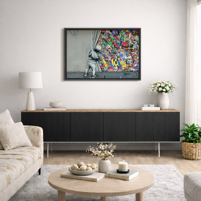 Pop Urban Street "Banksy British Artist Kid Spray Paint Curtain Artwork, Vibrant Illusion Colorful Wall Pictures, Large Framed Canvas Giclee Print Wall Art"