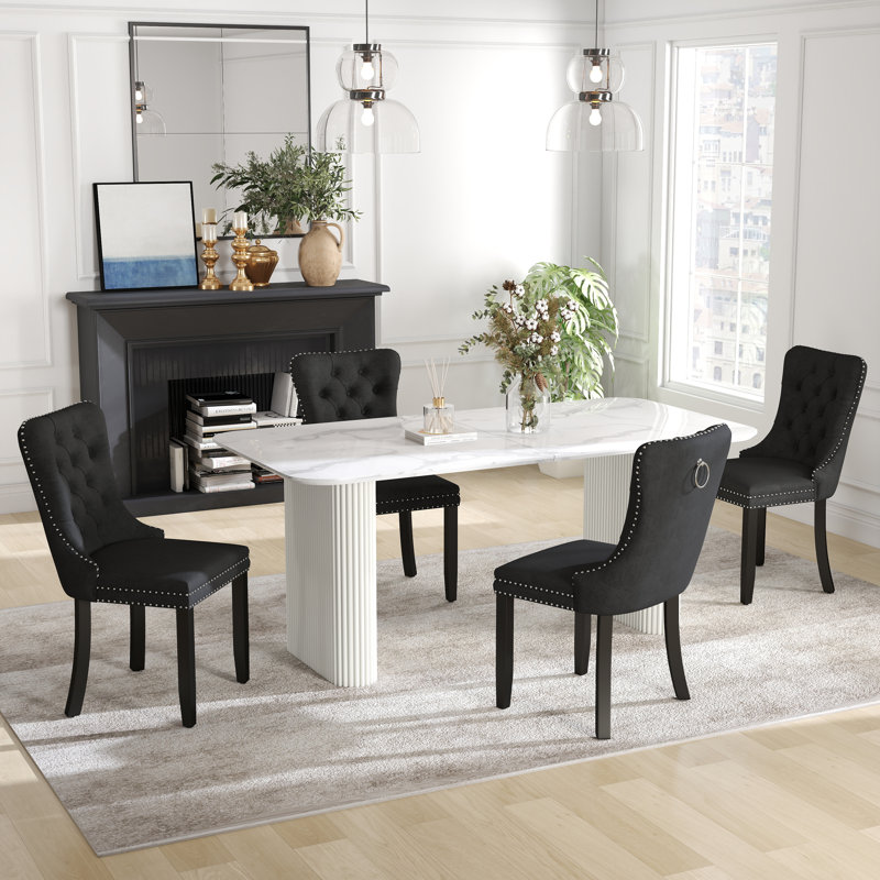 Ensemble de salle à manger rectangulaire à double piédestal avec table de salle à manger de style crème, 5