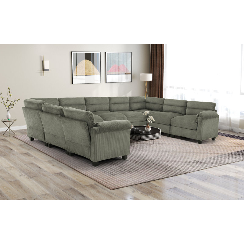 Dona 9-Piece U-Shaped Corduroy Upholstered Modular Sectional, Pillowtop Arm, Green Corduroy