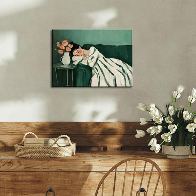 Femme verte endormie sur toile, art abstrait rétro, femme douillette, décoration murale, tendance, éclectique, émeraude, vert, décoration de chambre, affiche, impression pour la maison, décoration de chambre à coucher, 16 x 24 po