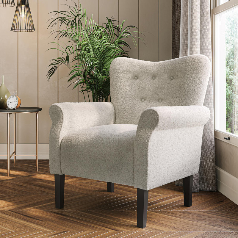  Modern Accent Chair 30.3" Wide High Back Polyester Upholstered Armchair, White Polyester Blend