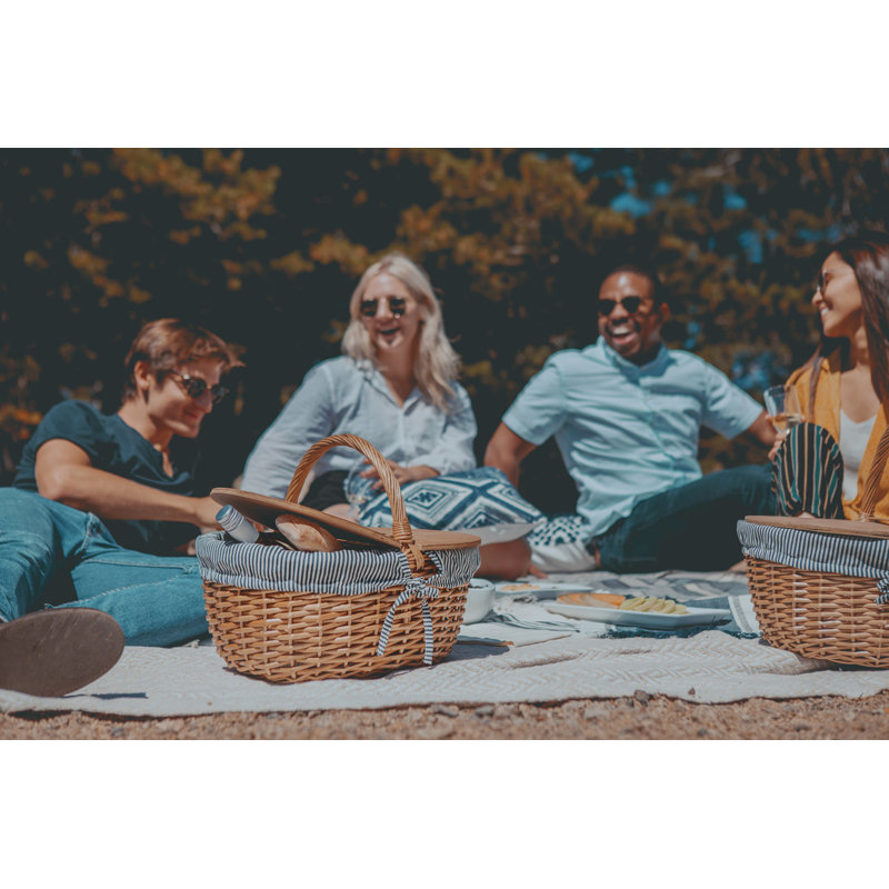 Navy Blue and White Stripe Wicker Picnic Basket with Wooden Lid
