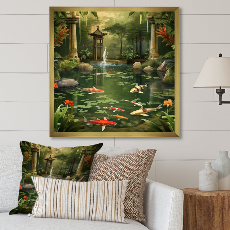 Bamboo and Koi Pond Showcase I - Art mural en bambou, H 16 po x l 16 po x P 1 po, Cadre doré simple