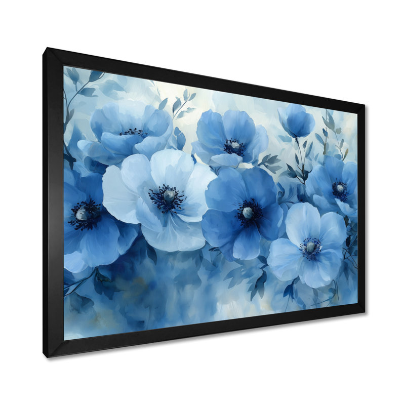 «Inabelle Blue Floral Cascade Of Poppies Flower III - coquelicots», art mural sur toile, Cadre simple, Noir, noir, noir, noir