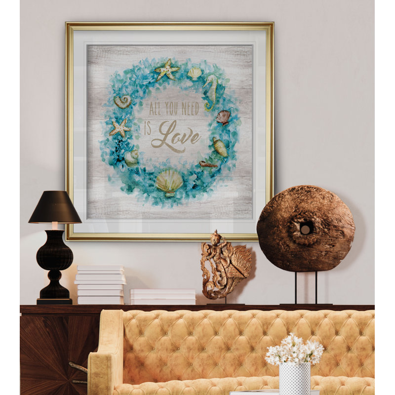 «Love Beach Wreath», reproduction d'impression, H 17,5 po x l 17,5 po x P 1,5 po, Encadrement doré