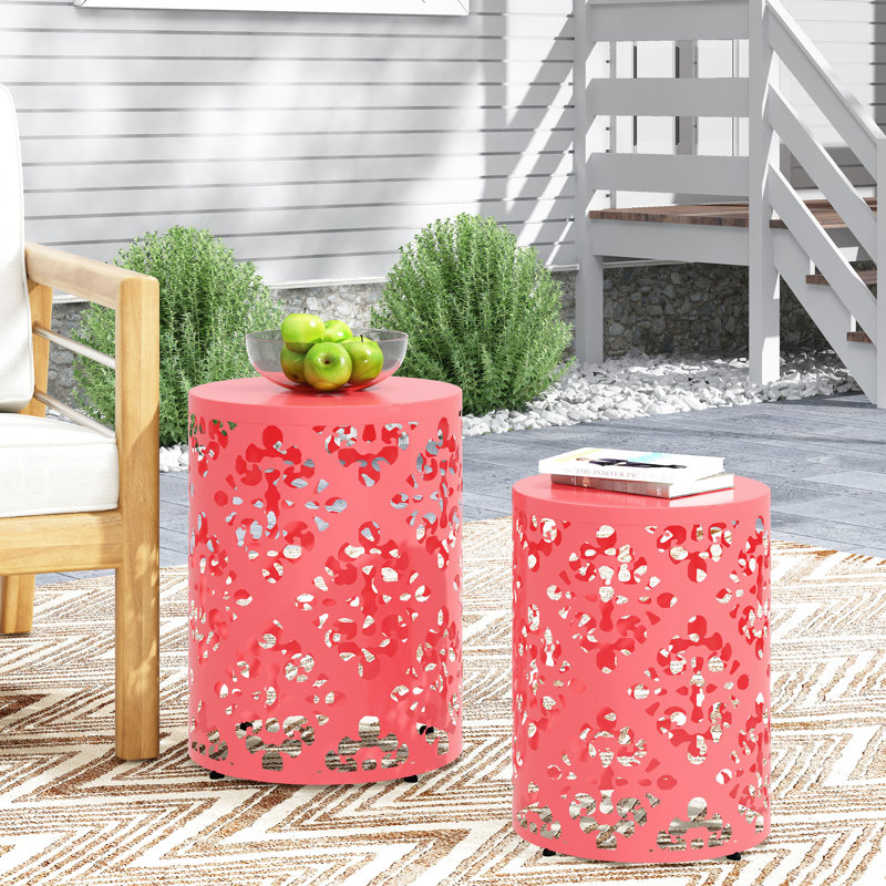 Stylish Metal S/2 End Tables, Iron Cut Design For Fashion, Coral Color, Powder-Coated Frame, No Assembly, 13.75W X 13.75D 18.00H & 11.75W 11.75D 15.75H Table Pair, Modern Pattern, Shade,