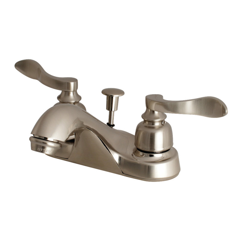 Kingston Brass NuWave French Two-Handle 3-Hole Deck Mount 4" Centerset Bathroom Faucet with Plastic Pop-Up, Brushed Nickel