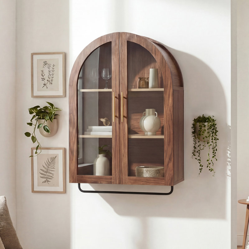 Modern Arched Wall Mounted Storage Cabinet with Glass Doors, Wooden Display Cabinet with 2 Shelves for Laundry Room,Living Room,Kitchen, 23.62" W x 9.45" D x 34.65" H