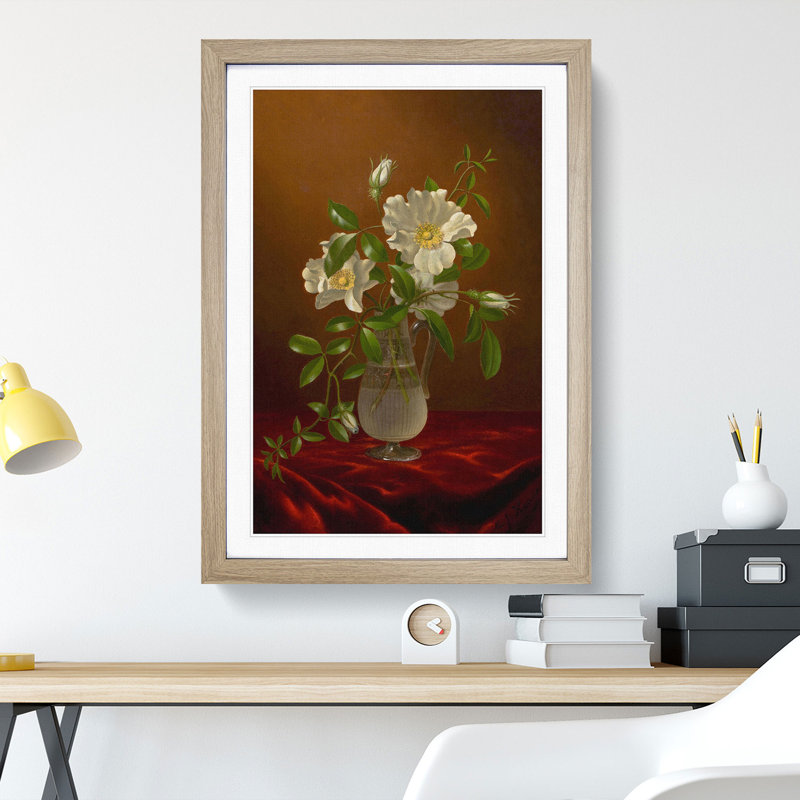 Cherokee Roses in a Vase by Martin Johnson Heade - Picture Frame Painting, 65cm H x 48cm W x 2cm D, Oak Framed